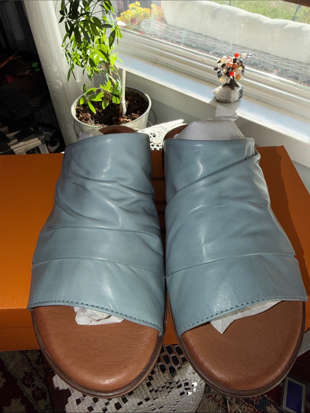 Miz Mooz Light Blue Leather Slide Sandals